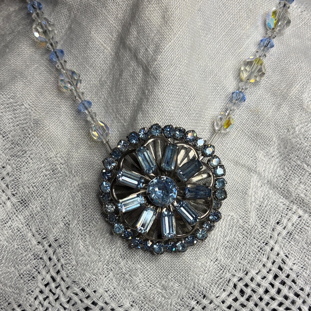 Vintage Light Blue Crystal Pendant Necklace & Earrings